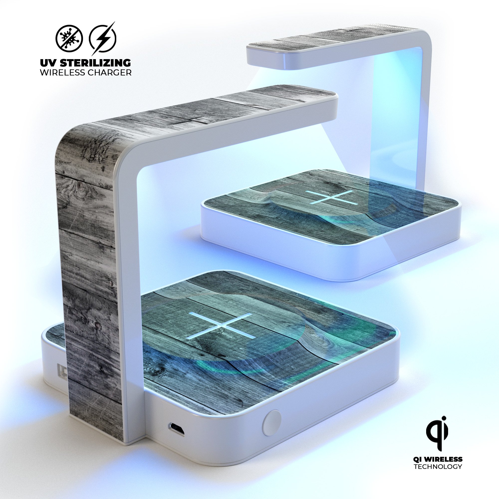 Shades of Gray Vintage Wood UV Germicidal Sanitizing Sterilizing charger with a sleek design, showcasing its wireless charging and sterilizing features.